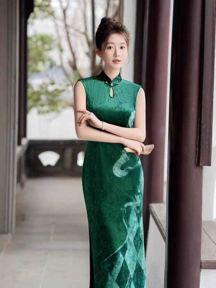 Beth and Brian Qipao-GSJ Sleeveless, water-drop collar, velvet long Cheongsam