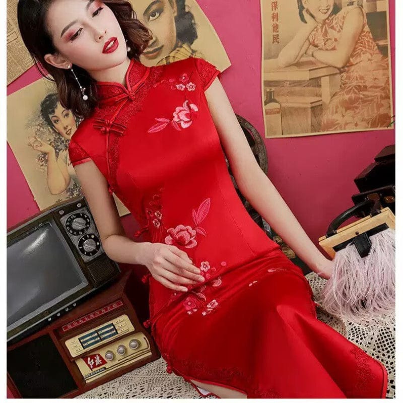 Beth and Brian Qipao-MLS Floral embroidery, long Cheongsam with cap sleeves