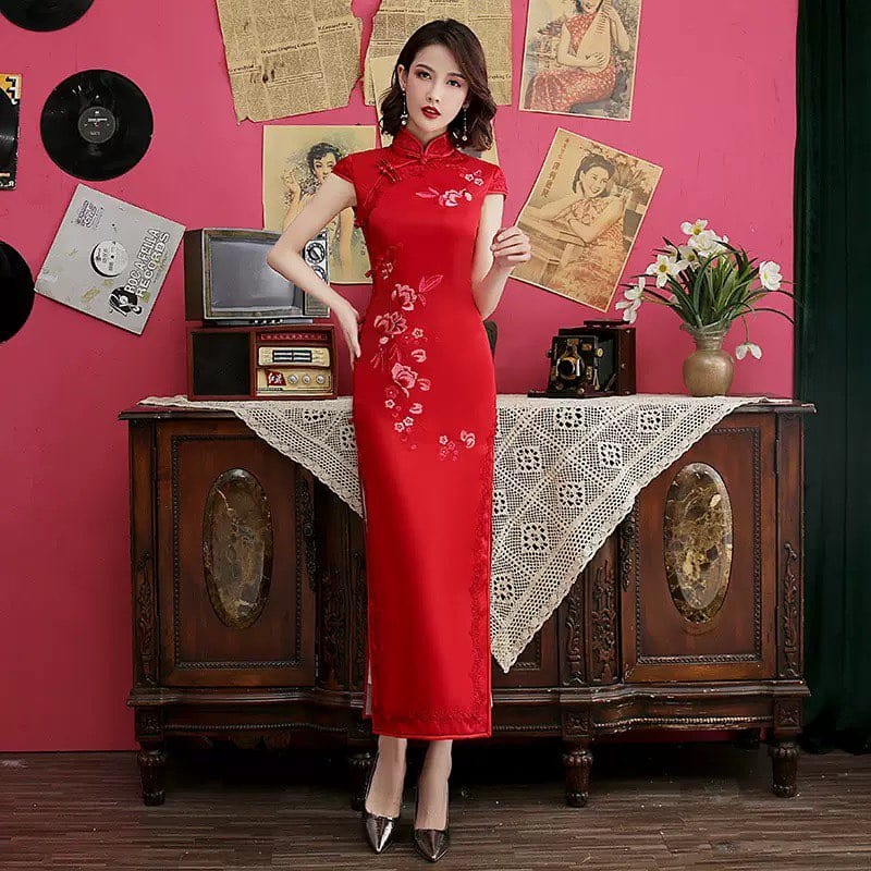 Beth and Brian Qipao-MLS Floral embroidery, long Cheongsam with cap sleeves