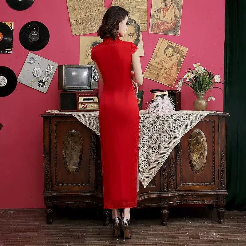 Beth and Brian Qipao-MLS Floral embroidery, long Cheongsam with cap sleeves