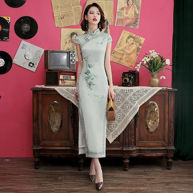 Beth and Brian Qipao-MLS Floral embroidery, long Cheongsam with cap sleeves