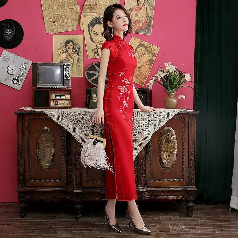 Beth and Brian Qipao-MLS Floral embroidery, long Cheongsam with cap sleeves