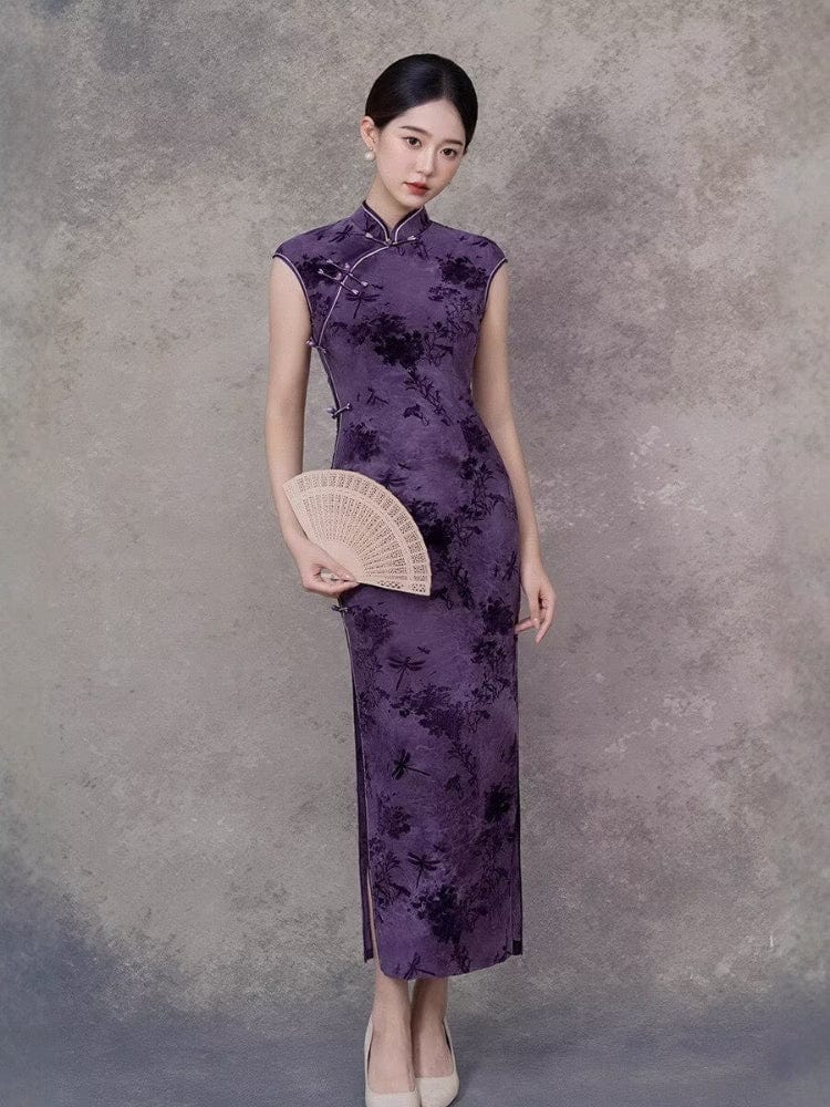 Beth and Brian Qipao-GSJ Dragonfly pattern, flocking fabric, purple midi Cheongsam