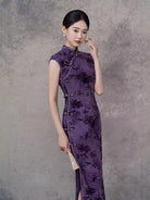 Beth and Brian Qipao-GSJ Dragonfly pattern, flocking fabric, purple midi Cheongsam