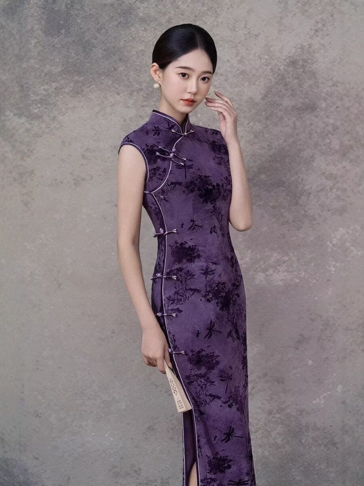 Beth and Brian Qipao-GSJ Dragonfly pattern, flocking fabric, purple midi Cheongsam