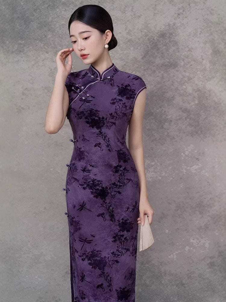 Beth and Brian Qipao-GSJ Dragonfly pattern, flocking fabric, purple midi Cheongsam