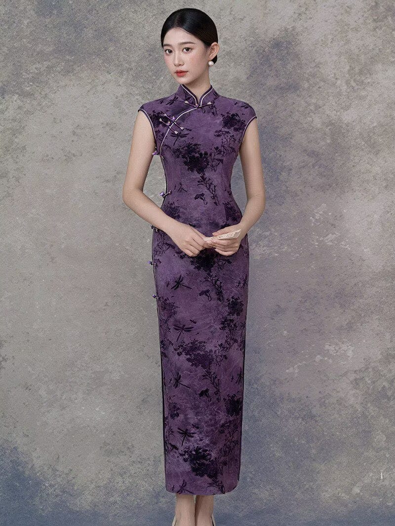 Beth and Brian Qipao-GSJ Dragonfly pattern, flocking fabric, purple midi Cheongsam