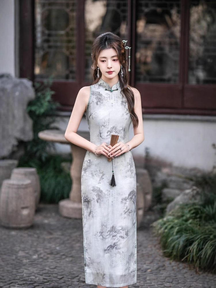 Beth and Brian Qipao-GSJ Chinese ink painting pattern, grey midi Cheongsam