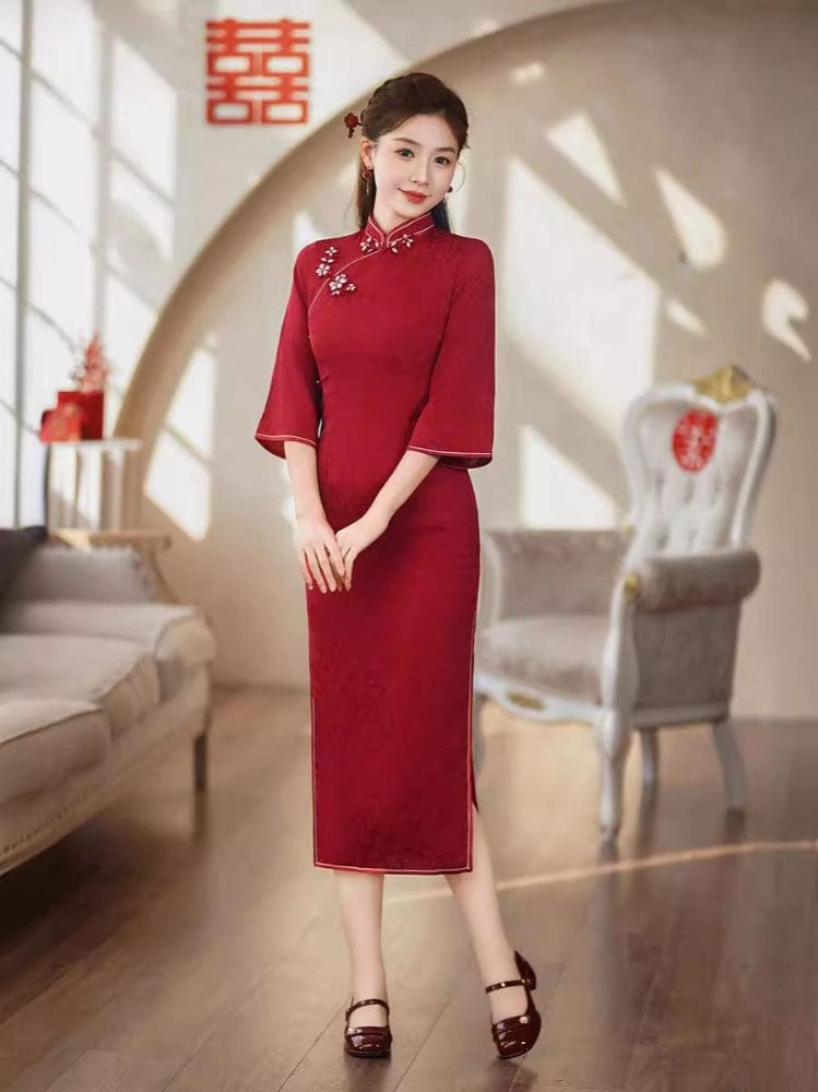 Beth and Brian Qipao-GSJ Fall and winter collection, red wedding midi Cheongsam