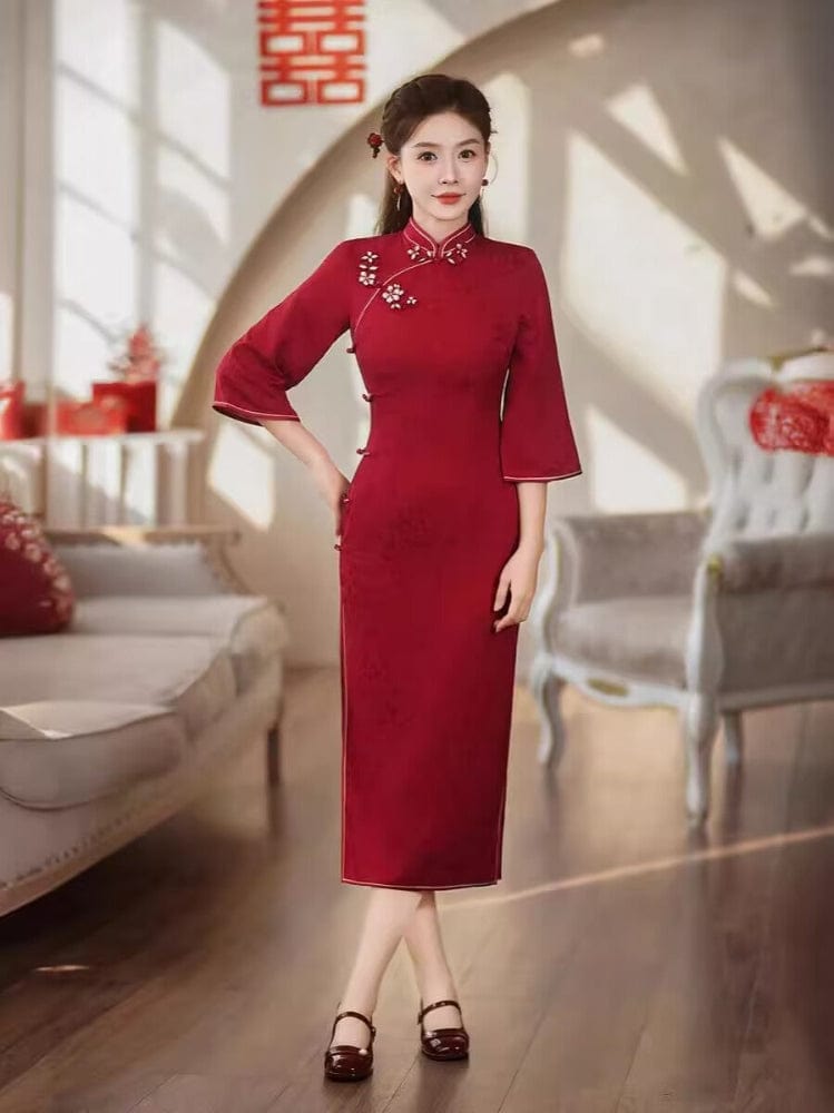 Beth and Brian Qipao-GSJ Fall and winter collection, red wedding midi Cheongsam