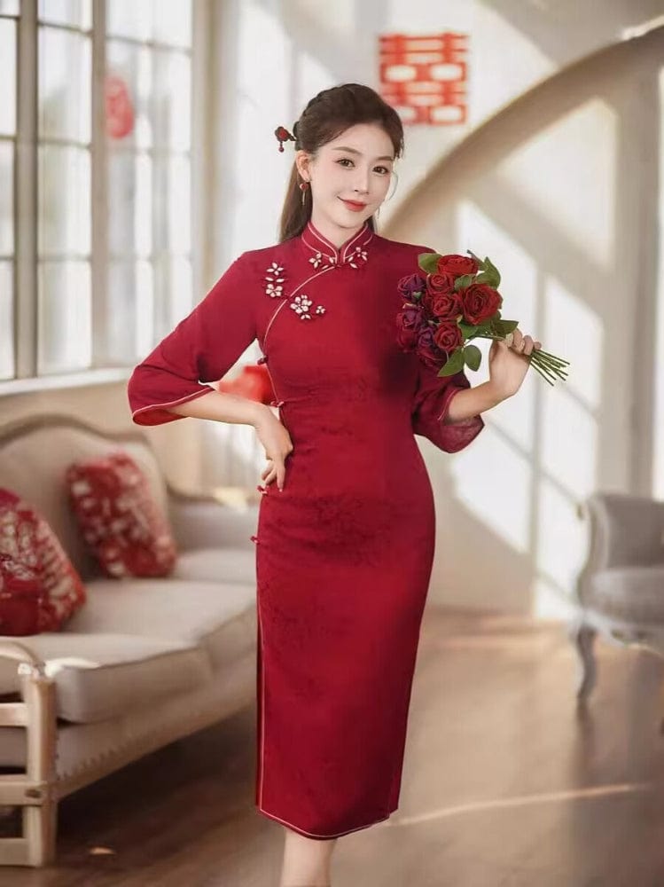 Beth and Brian Qipao-GSJ Fall and winter collection, red wedding midi Cheongsam
