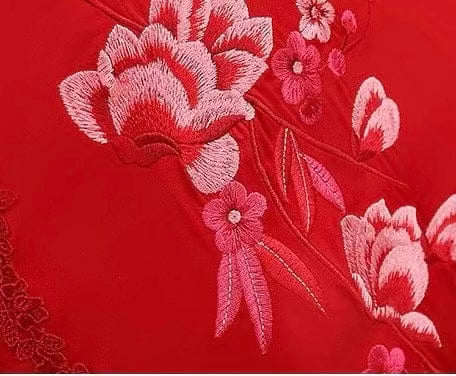 Beth and Brian Qipao-MLS Floral embroidery, long Cheongsam with cap sleeves