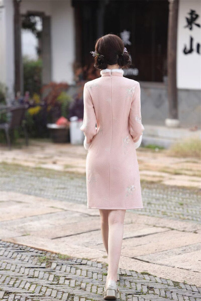 Beth and Brian Qipao-SYK Winter collection, A line, Faux Cashmere Fleece-Lined Thickened Cheongsam