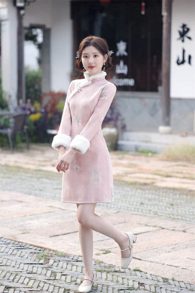 Beth and Brian Qipao-SYK Winter collection, A line, Faux Cashmere Fleece-Lined Thickened Cheongsam