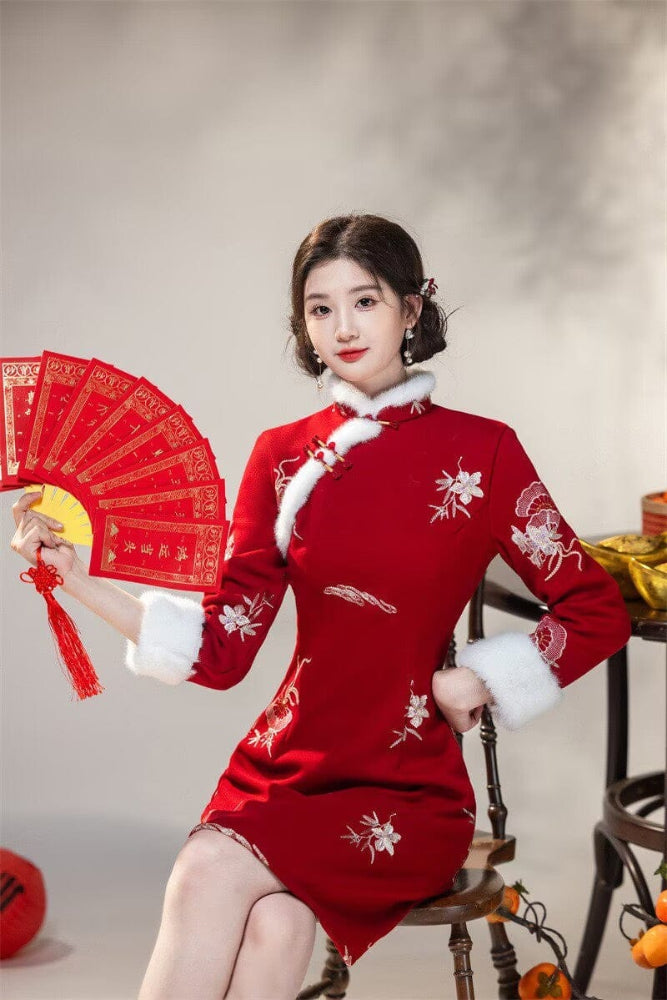 Beth and Brian Qipao-SYK Winter collection, A line, Faux Cashmere Fleece-Lined Thickened Cheongsam