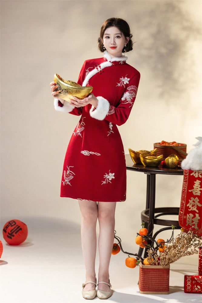 Beth and Brian Qipao-SYK Winter collection, A line, Faux Cashmere Fleece-Lined Thickened Cheongsam