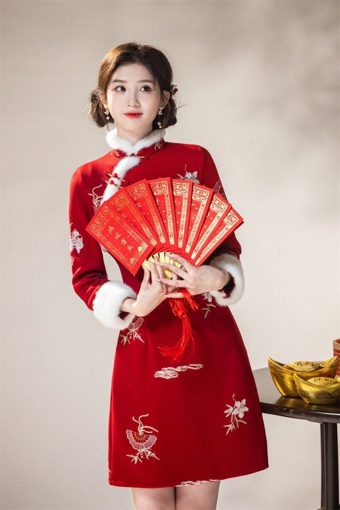 Beth and Brian Qipao-SYK Winter collection, A line, Faux Cashmere Fleece-Lined Thickened Cheongsam