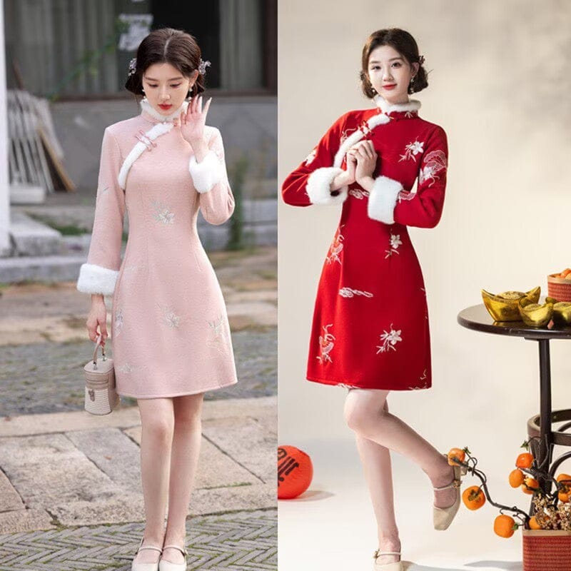 Beth and Brian Qipao-SYK Winter collection, A line, Faux Cashmere Fleece-Lined Thickened Cheongsam