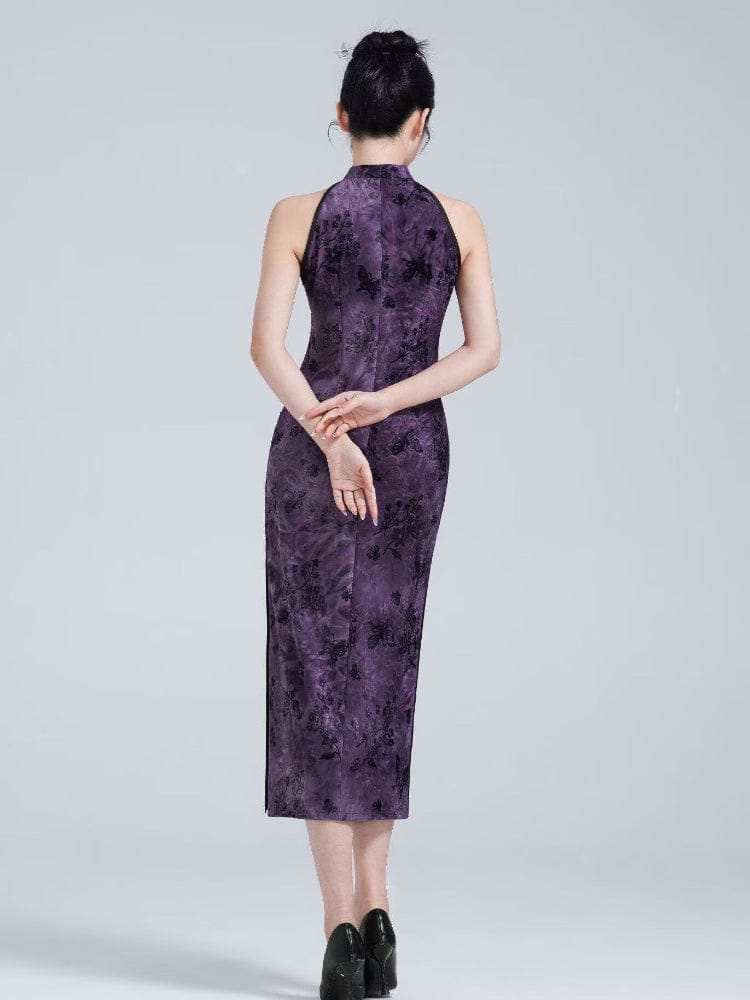 Beth and Brian Qipao-YM Sleeveless, butterfly pattern, purple long Cheongsam