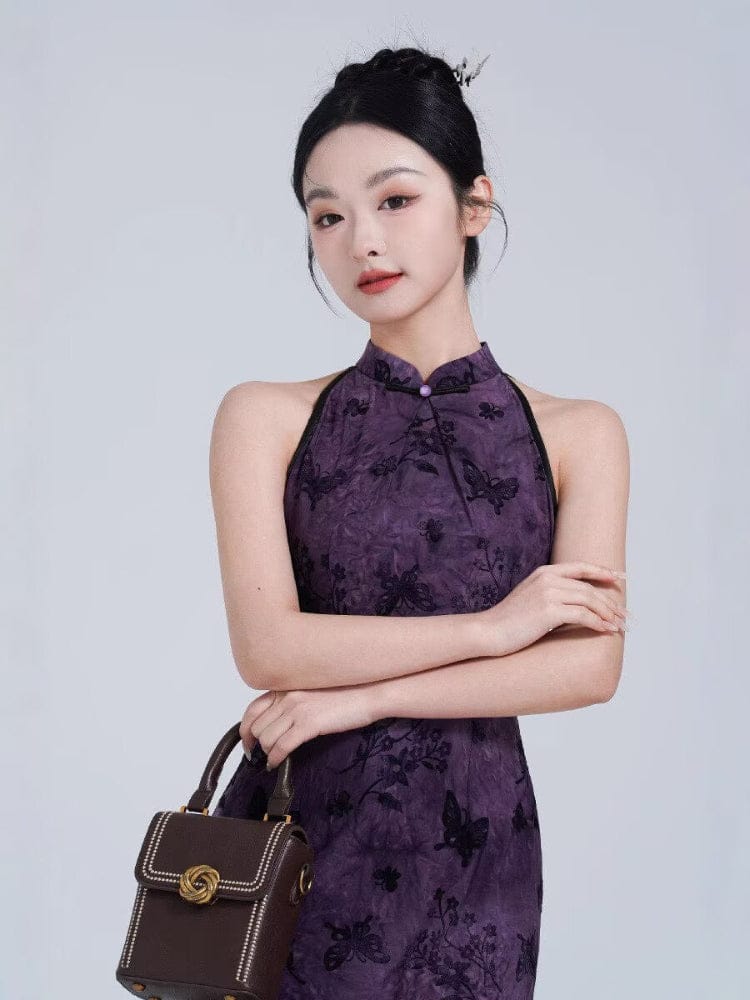 Beth and Brian Qipao-YM Sleeveless, butterfly pattern, purple long Cheongsam
