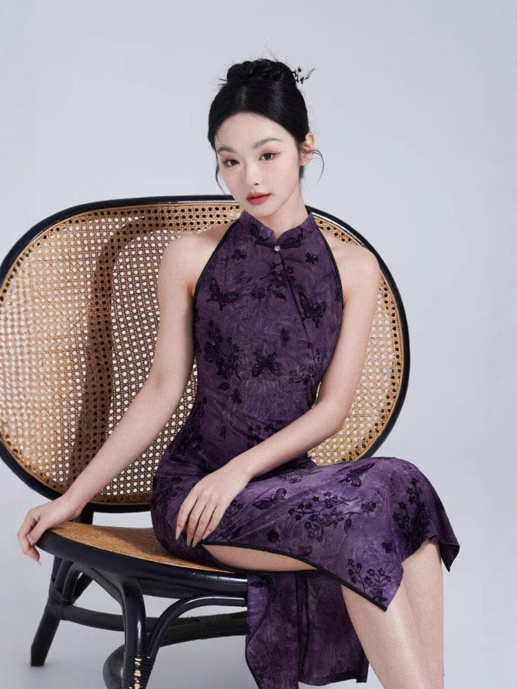 Beth and Brian Qipao-YM Sleeveless, butterfly pattern, purple long Cheongsam