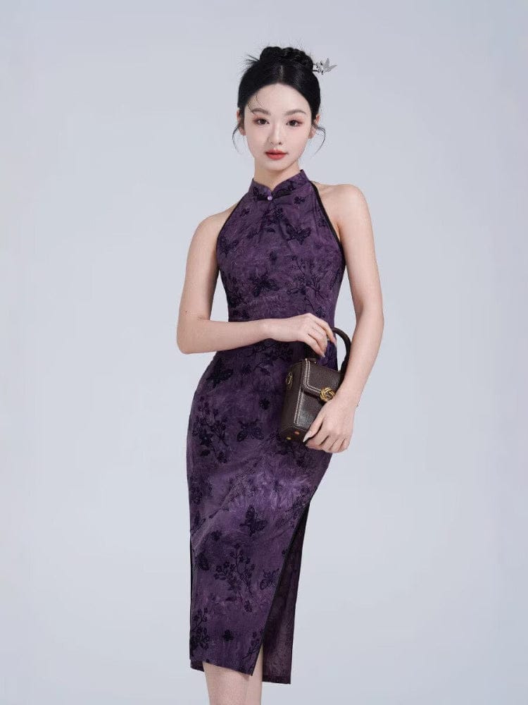 Beth and Brian Qipao-YM Sleeveless, butterfly pattern, purple long Cheongsam