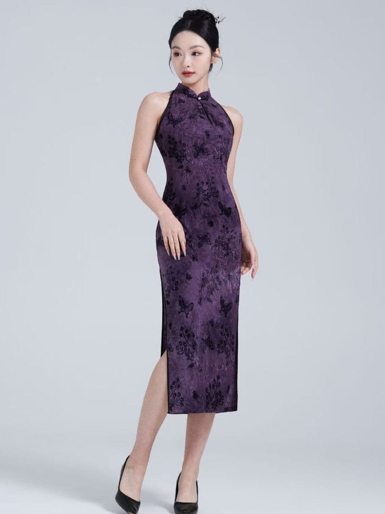 Beth and Brian Qipao-YM Sleeveless, butterfly pattern, purple long Cheongsam