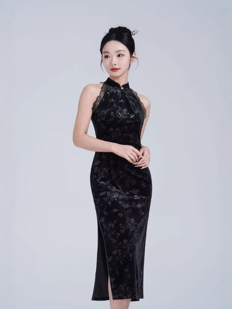 Beth and Brian Qipao-YM Old Shanghai style, sleeveless black midi Cheongsam