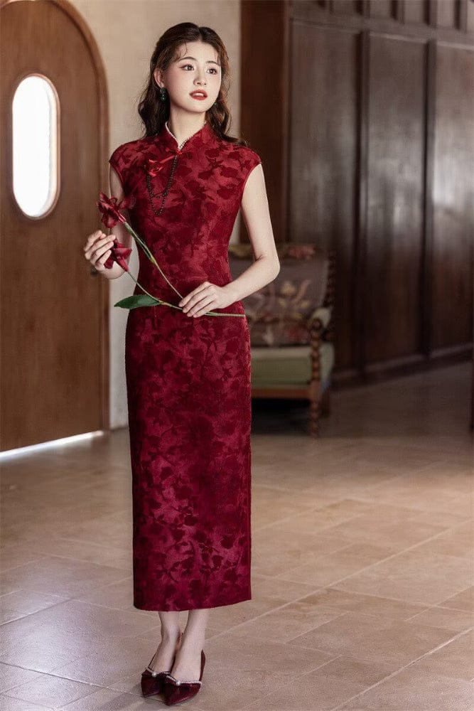 Beth and Brian Qipao-SYK Flocking fabric, floral pattern long Cheongsam