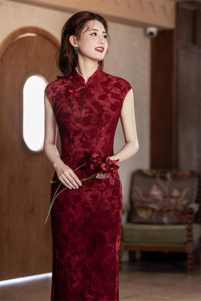 Beth and Brian Qipao-SYK Flocking fabric, floral pattern long Cheongsam