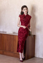 Beth and Brian Qipao-SYK Flocking fabric, floral pattern long Cheongsam