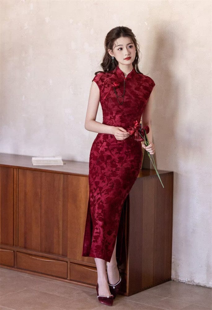 Beth and Brian Qipao-SYK Flocking fabric, floral pattern long Cheongsam
