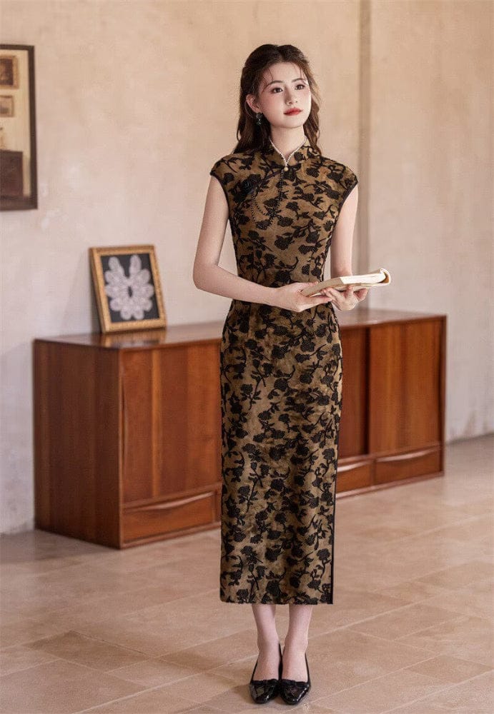 Beth and Brian Qipao-SYK Flocking fabric, floral pattern long Cheongsam