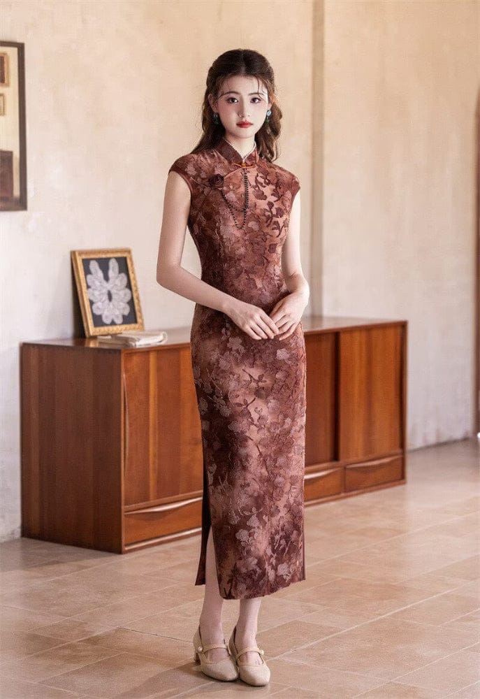 Beth and Brian Qipao-SYK Flocking fabric, floral pattern long Cheongsam