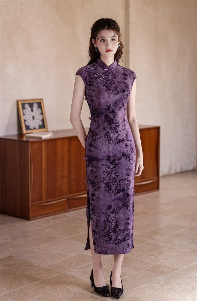Beth and Brian Qipao-SYK Flocking fabric, floral pattern long Cheongsam