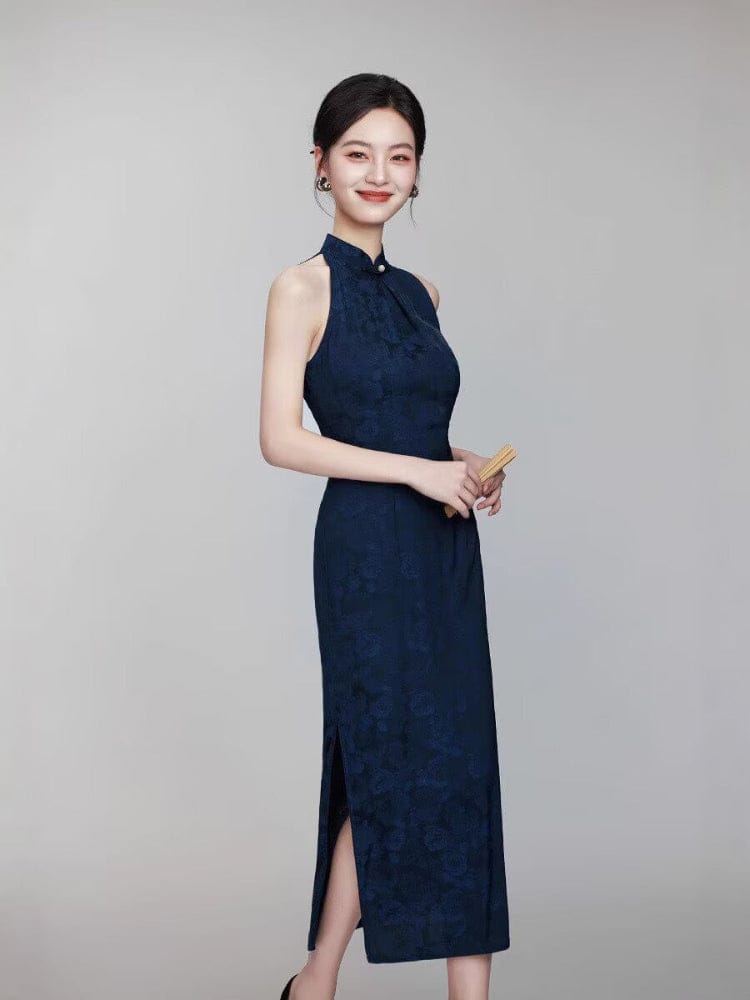 Beth and Brian Qipao-YM Sleeveless, floral jacquard long Cheongsam