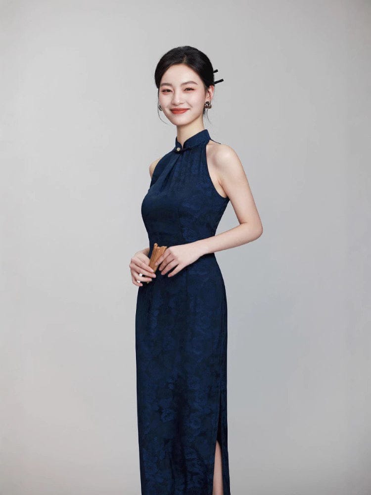 Beth and Brian Qipao-YM Sleeveless, floral jacquard long Cheongsam