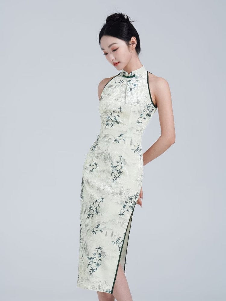 Beth and Brian Qipao-YM New Chinese style (新中式), bamboo leaf pattern, beige midi Cheongsam