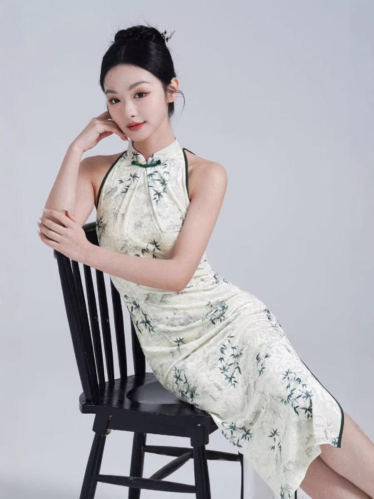 Beth and Brian Qipao-YM New Chinese style (新中式), bamboo leaf pattern, beige midi Cheongsam