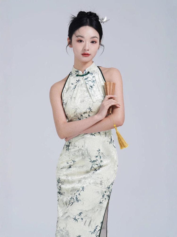 Beth and Brian Qipao-YM New Chinese style (新中式), bamboo leaf pattern, beige midi Cheongsam