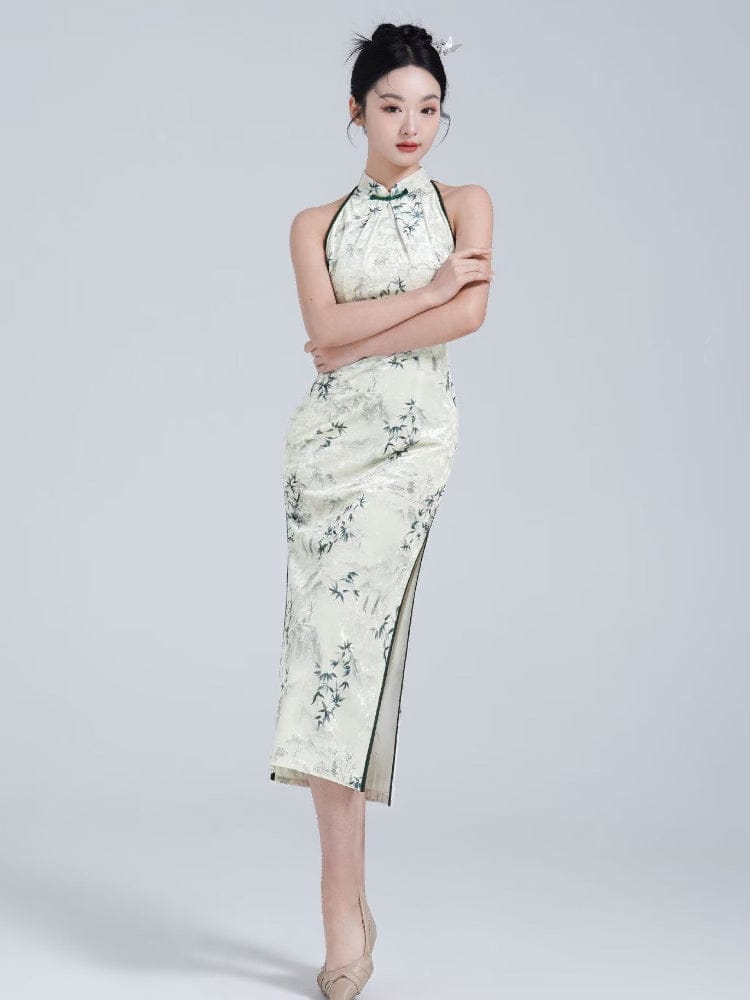 Beth and Brian Qipao-YM New Chinese style (新中式), bamboo leaf pattern, beige midi Cheongsam
