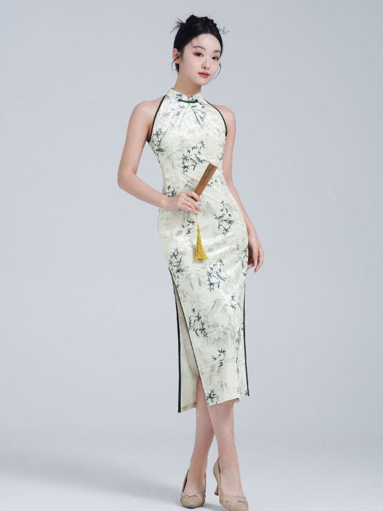 Beth and Brian Qipao-YM New Chinese style (新中式), bamboo leaf pattern, beige midi Cheongsam