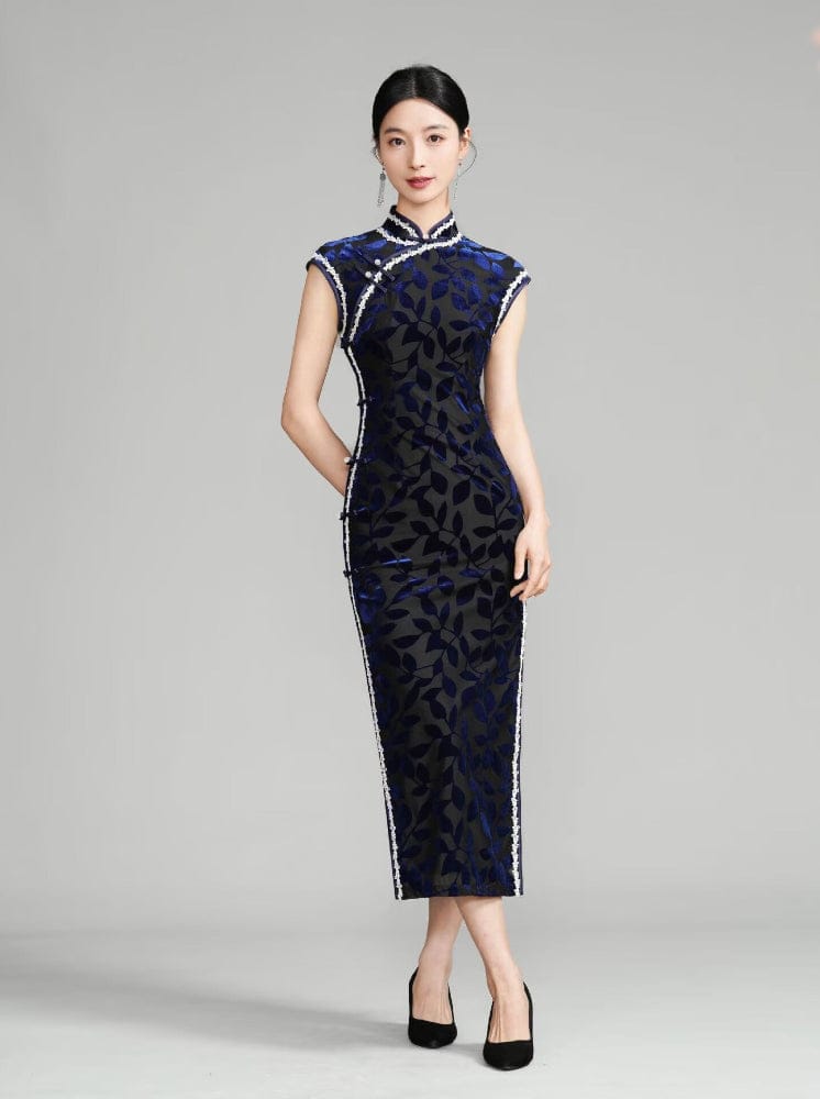 Beth and Brian Qipao-YM Old Shanghai style, leaf pattern, dark blue long Cheongsam