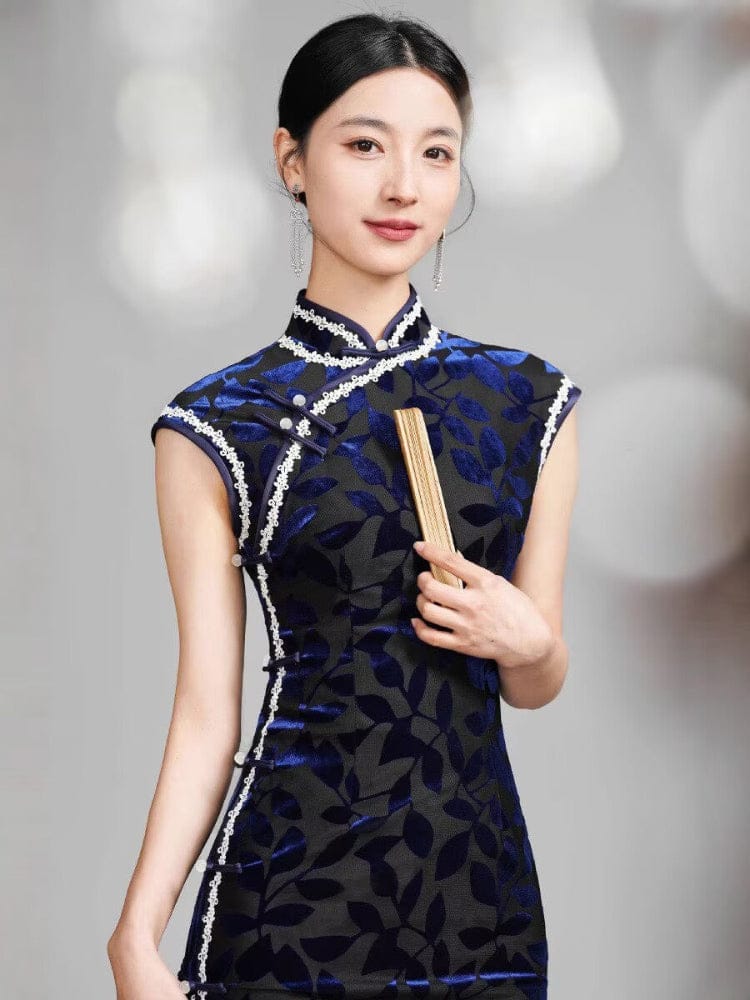 Beth and Brian Qipao-YM Old Shanghai style, leaf pattern, dark blue long Cheongsam