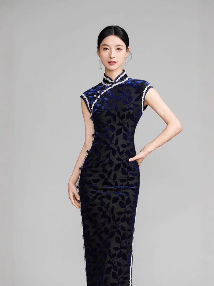 Beth and Brian Qipao-YM Old Shanghai style, leaf pattern, dark blue long Cheongsam