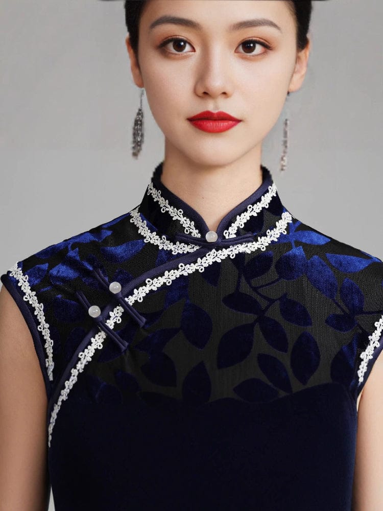 Beth and Brian Qipao-YM Old Shanghai style, leaf pattern, dark blue long Cheongsam