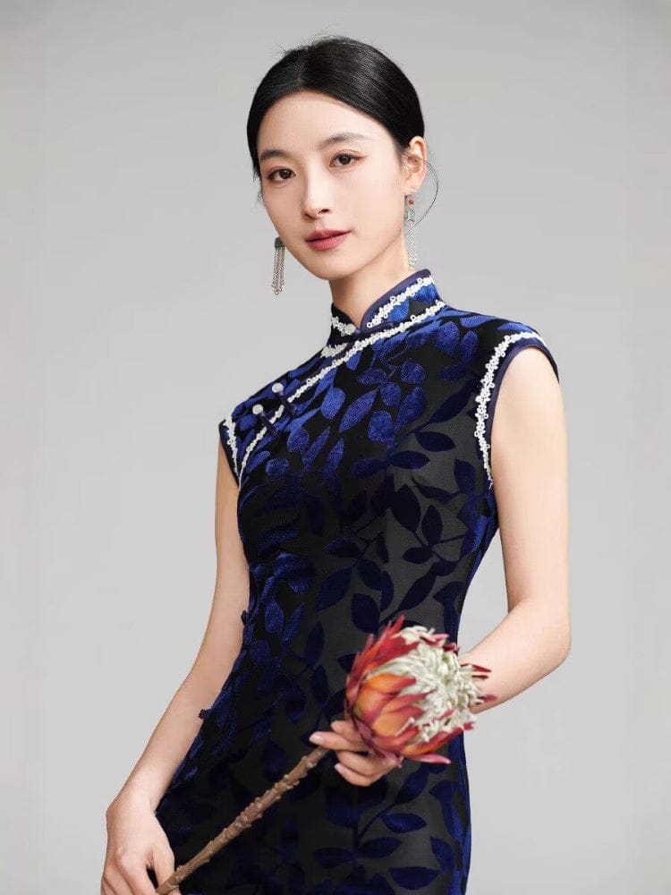 Beth and Brian Qipao-YM Old Shanghai style, leaf pattern, dark blue long Cheongsam