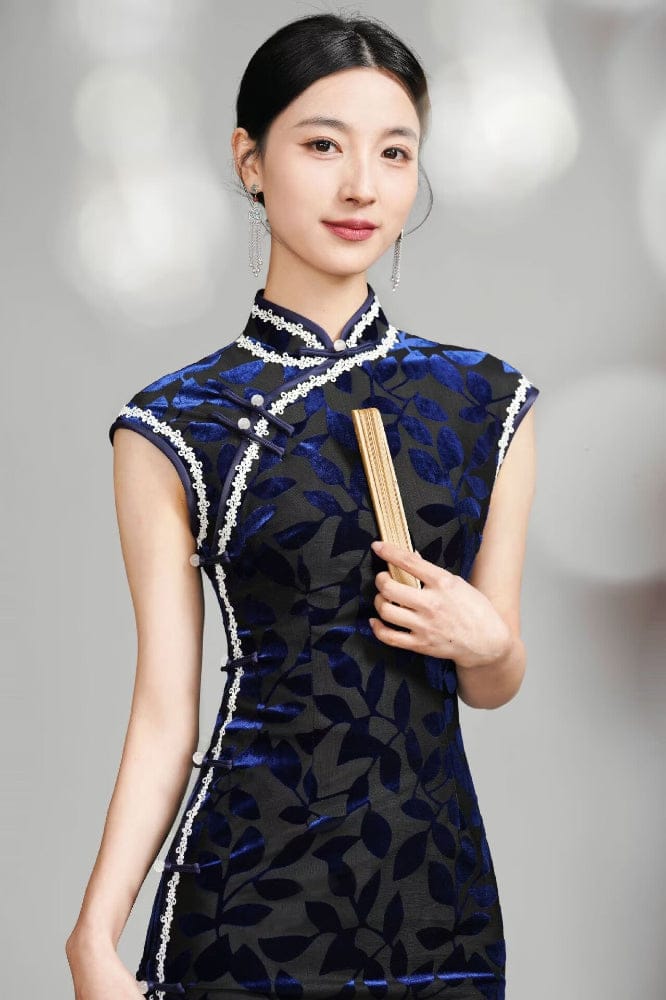 Beth and Brian Qipao-YM Old Shanghai style, leaf pattern, dark blue long Cheongsam