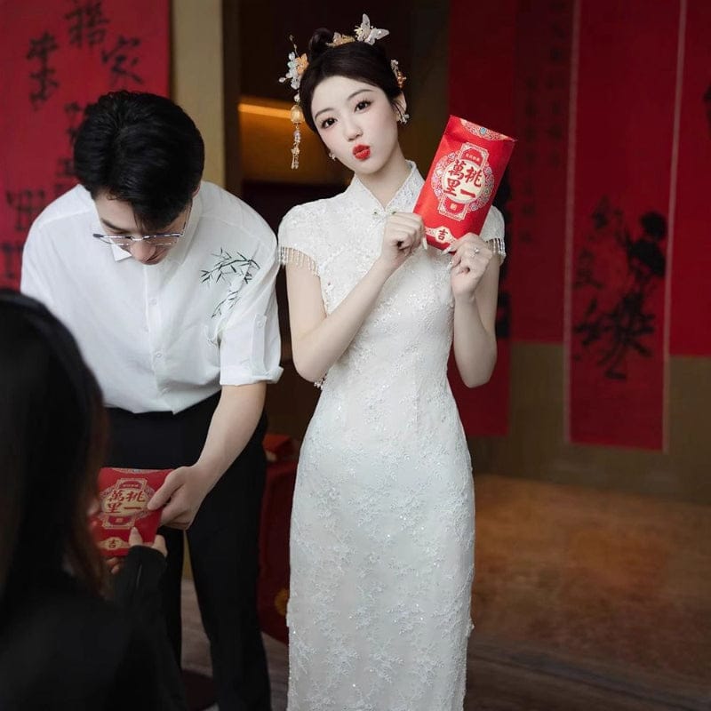 Beth and Brian Qipao-XHZ Floral pattern, Chinese tradional lace midi Cheongsam