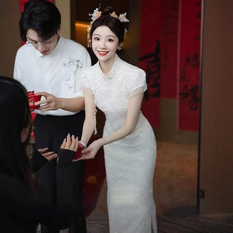 Beth and Brian Qipao-XHZ Floral pattern, Chinese tradional lace midi Cheongsam